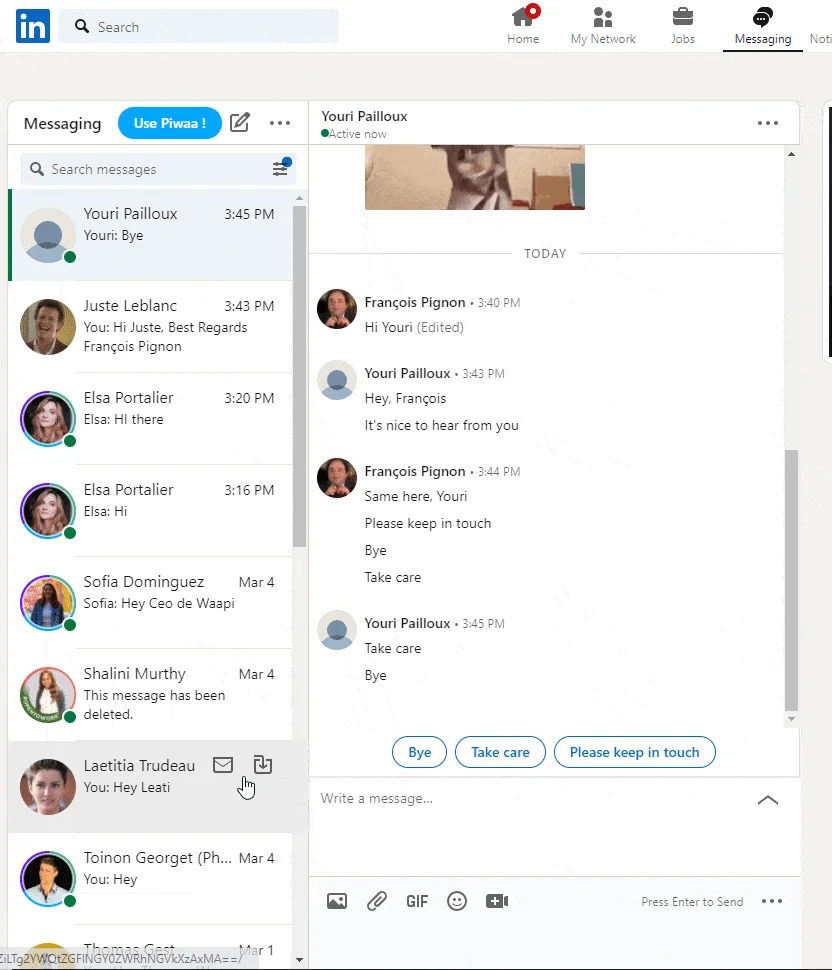 Interface messagerie LinkedIn conversation