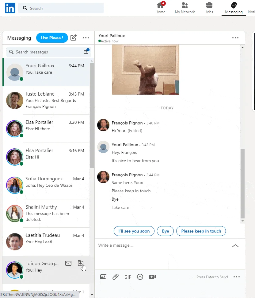 Interface de messagerie LinkedIn conversation