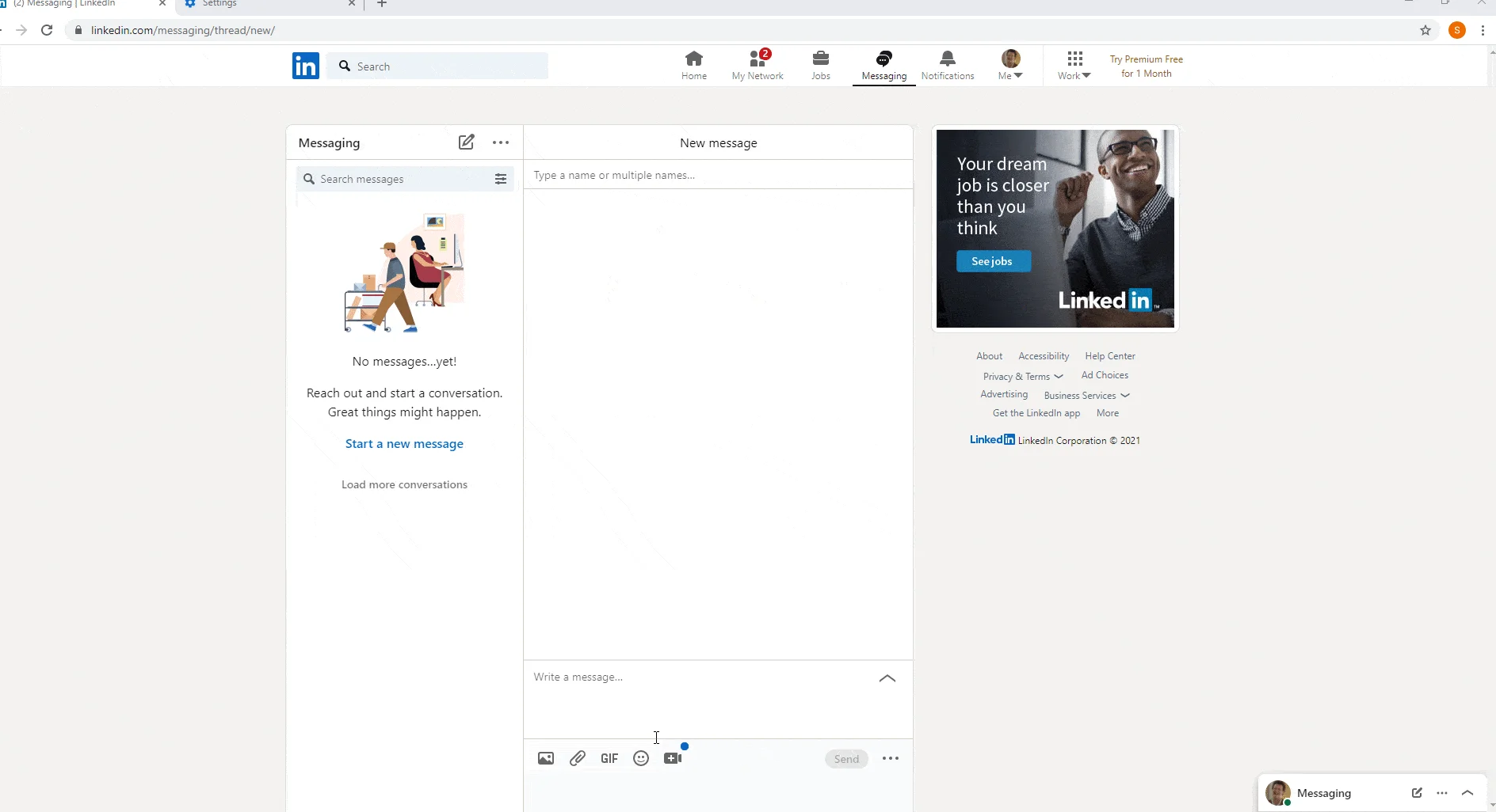 Interface messagerie LinkedIn vide