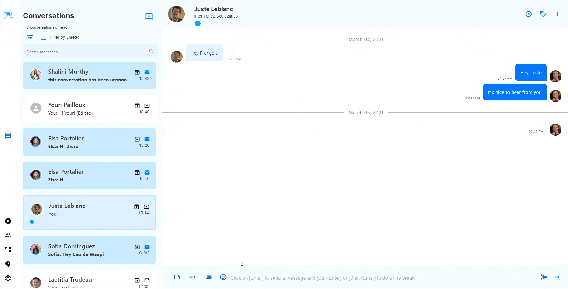 Interface messagerie Waalaxy conversations