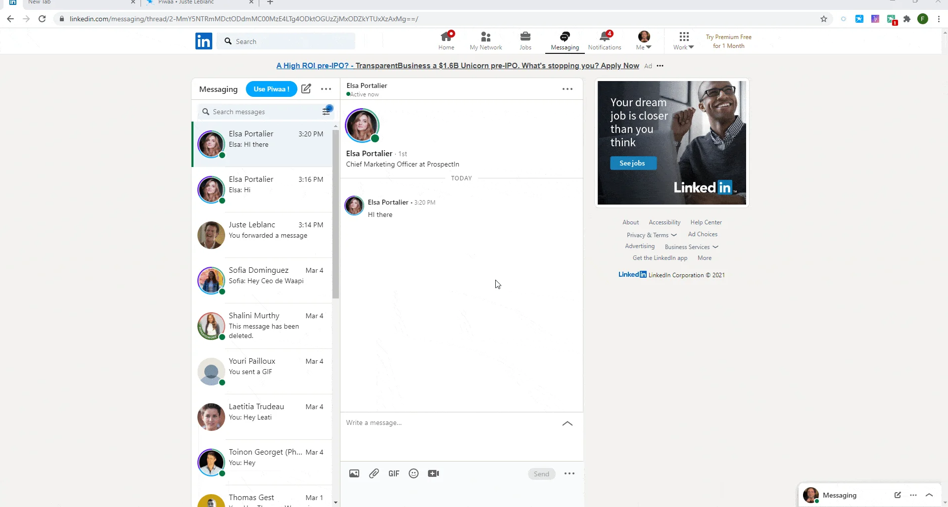 Interface de messagerie LinkedIn conversation