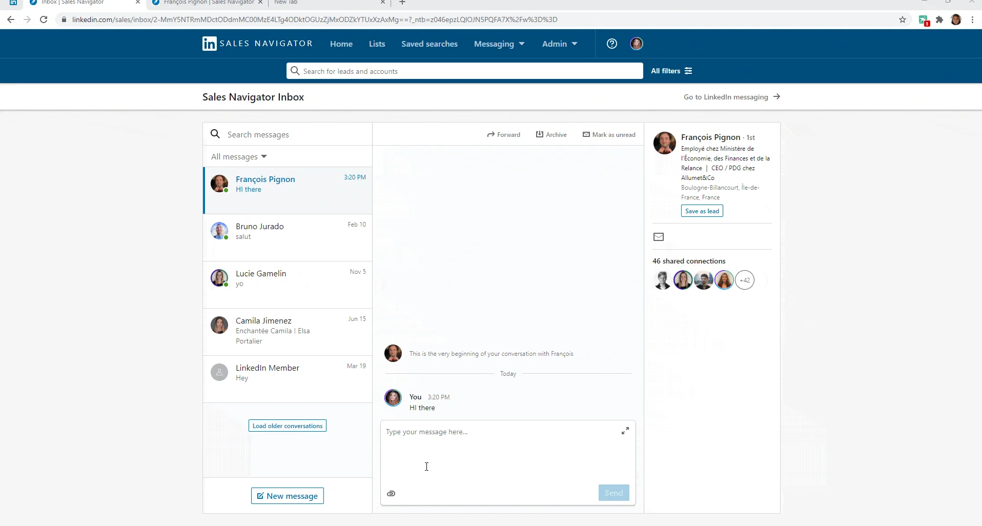 LinkedIn Sales Navigator boîte messagerie