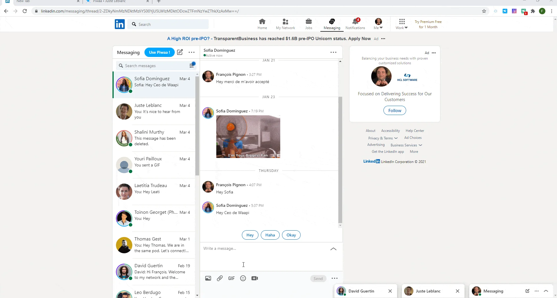 Interface messagerie LinkedIn conversation