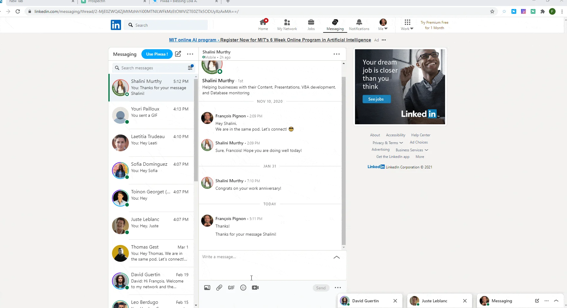 Interface conversation messagerie LinkedIn