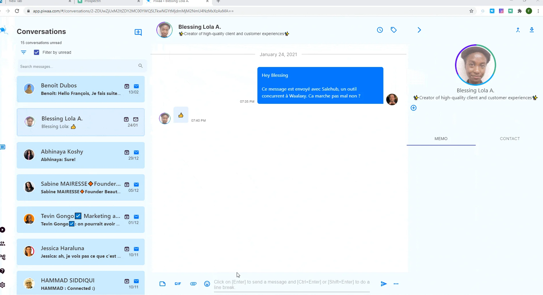 Interface conversations messagerie Waalaxy