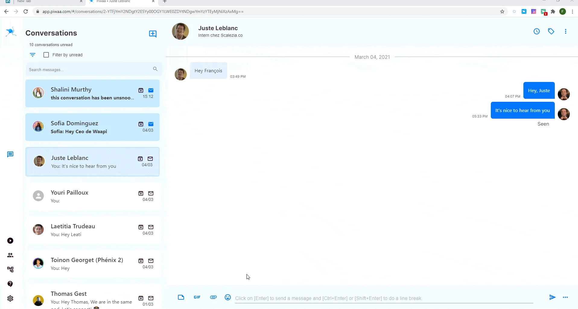 Interface conversation messagerie Piwaa