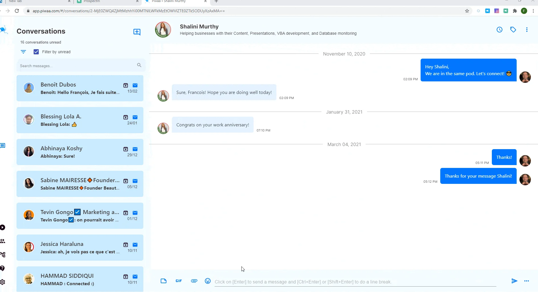 Interface Piwaa conversation messages Shalini Murthy