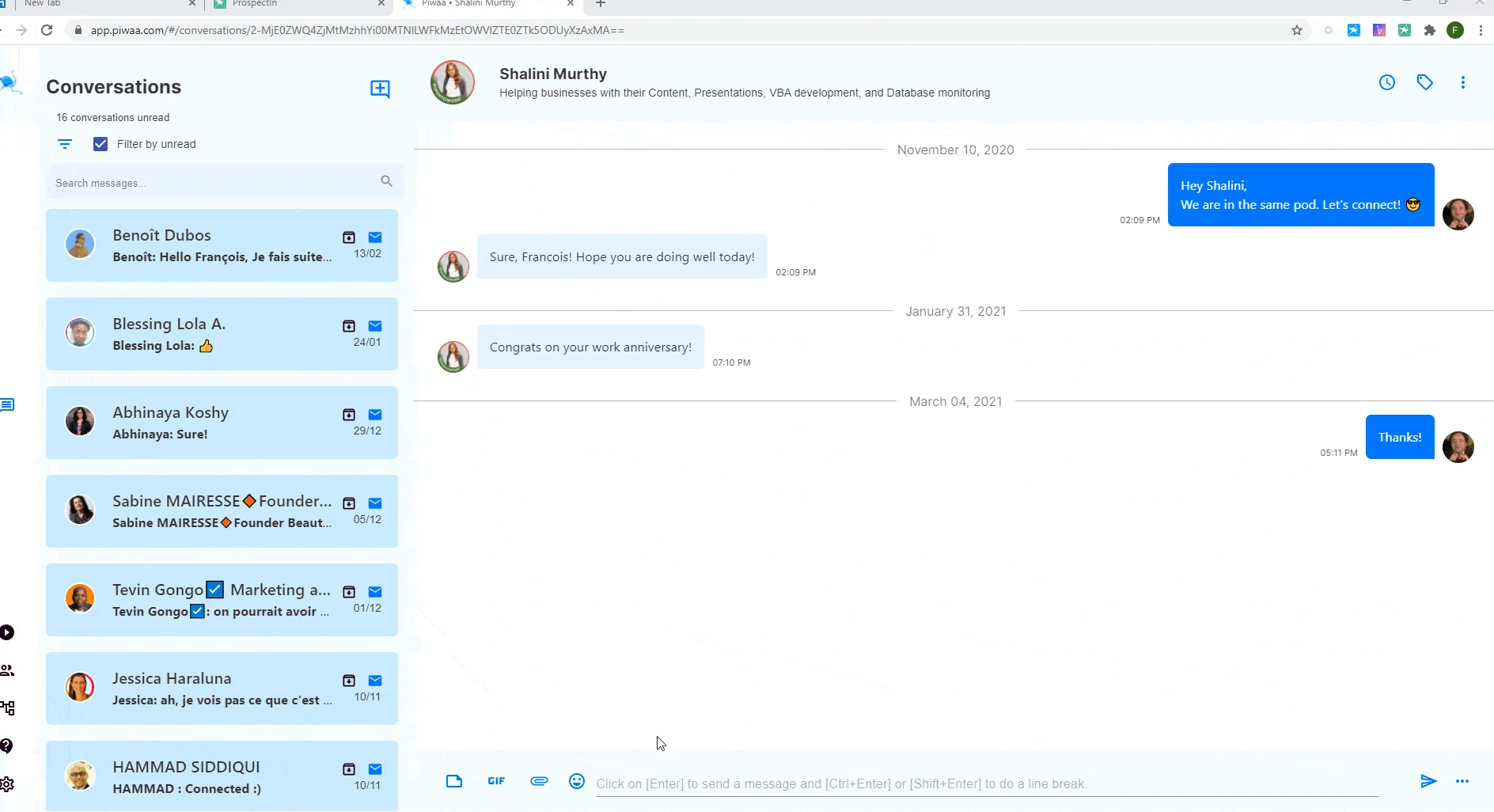 Interface Piwaa conversations messages Shalini Murthy