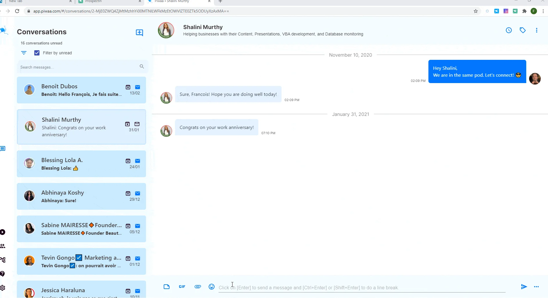 Interface Piwaa conversations messages Shalini Murthy