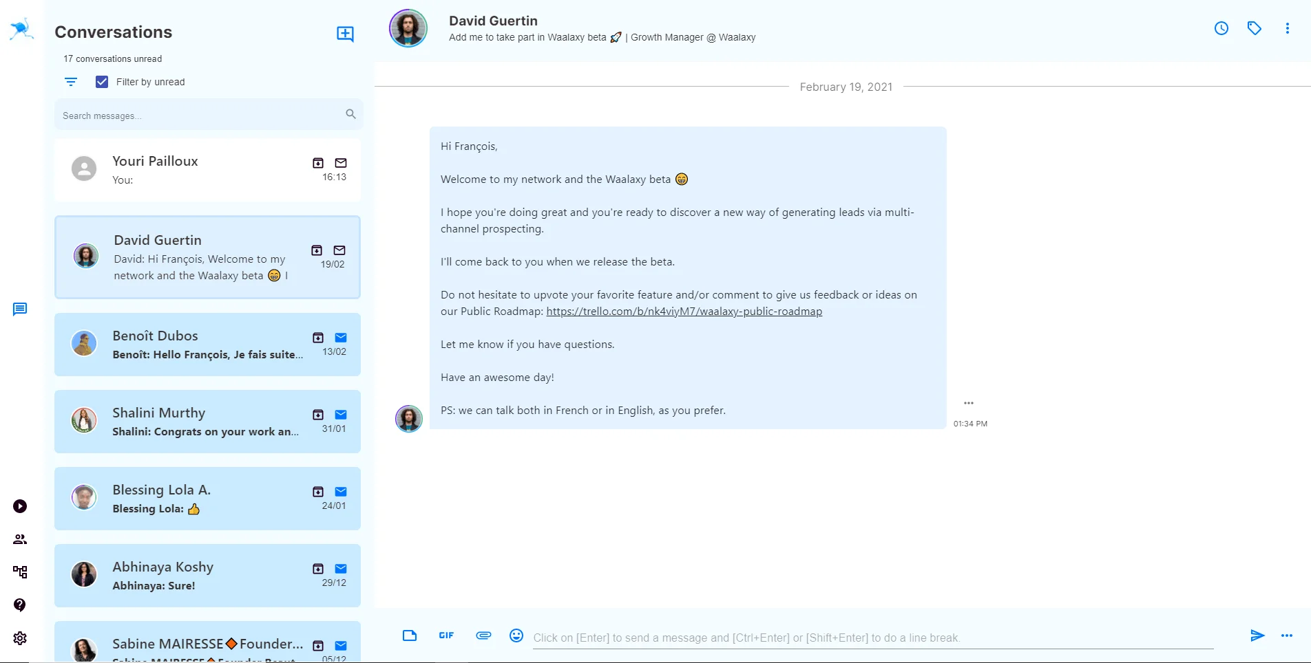 Interface conversations Waalaxy prospection LinkedIn