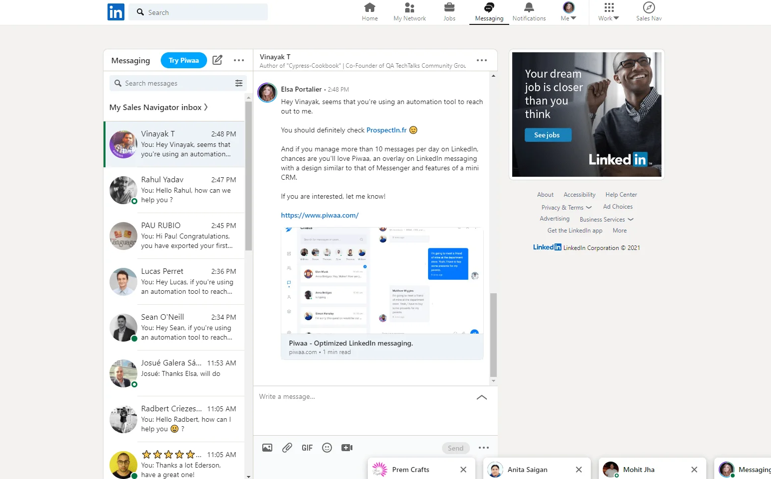 Interface messagerie LinkedIn boîte de réception