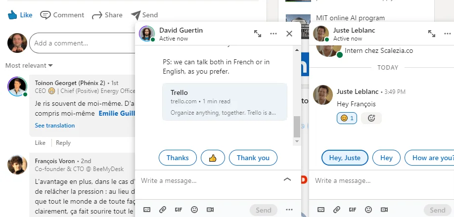 Conversation LinkedIn prospection Waalaxy