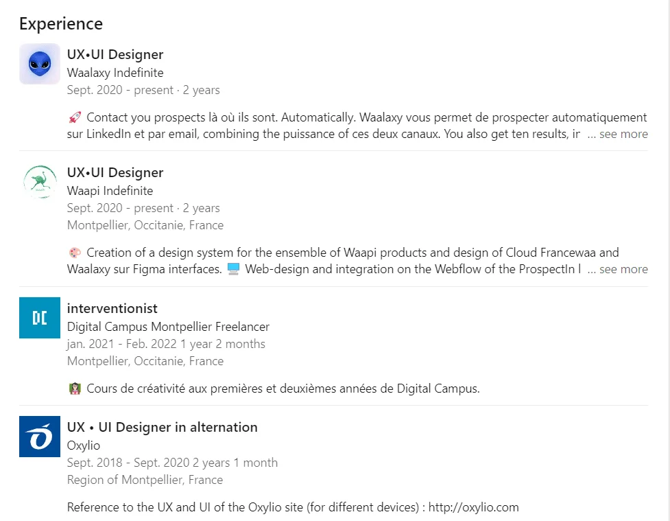 Experiences on LinkedIn profile
