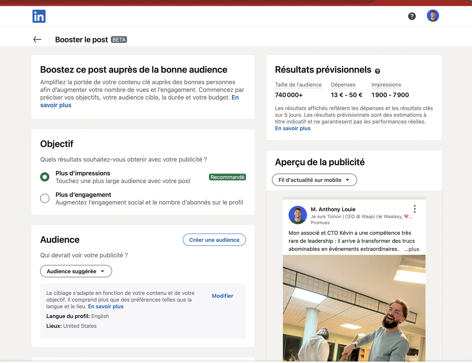 Bêta LinkedIn pour booster un post (paid ads)