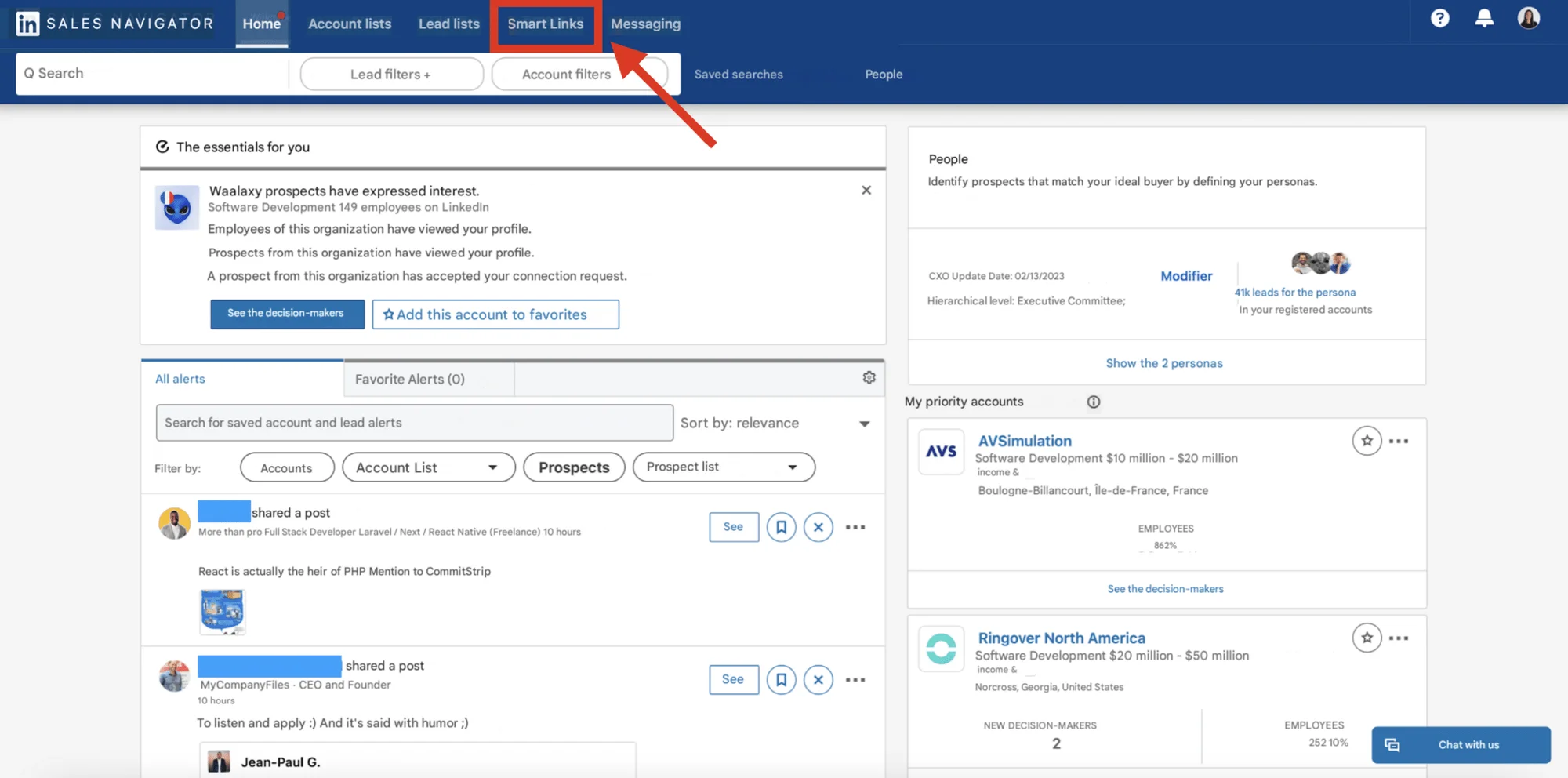 LinkedIn Sales Navigator Advanced : Account home and menu.