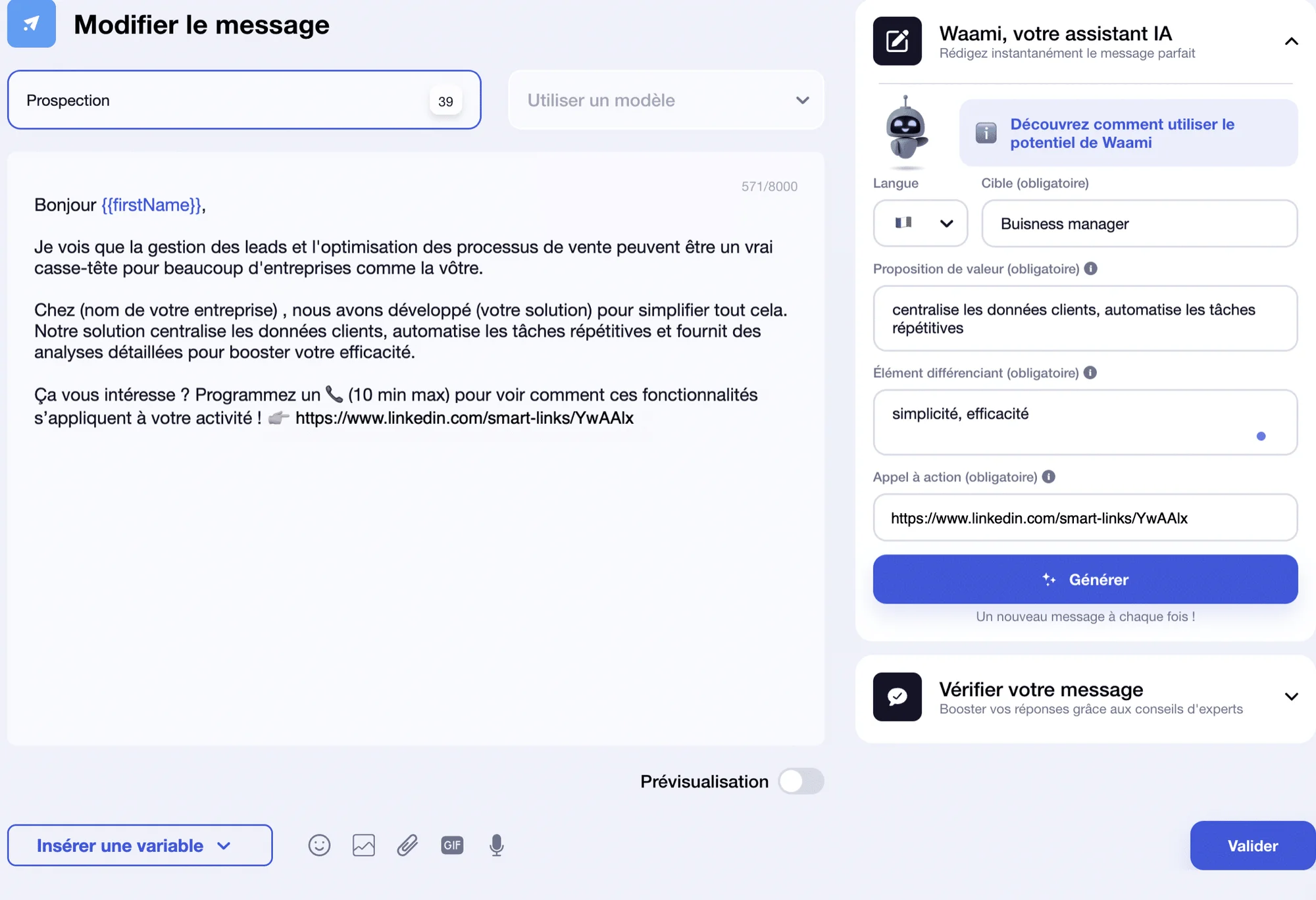 Exemple de message LinkedIn généré par Waami (avec smart link).