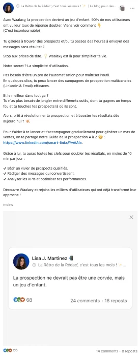 Exemple de Smart Links dans un post LinkedIn.