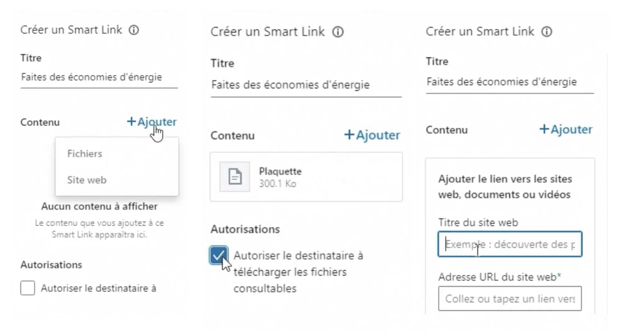 Ajoutez vos fichiers, personnalisez et prévisualisez vos Smart Links.