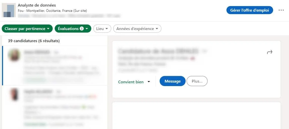 Page d'emploi en ligne, candidats à l'affichage, filtre de recherche, bouton "Message".
