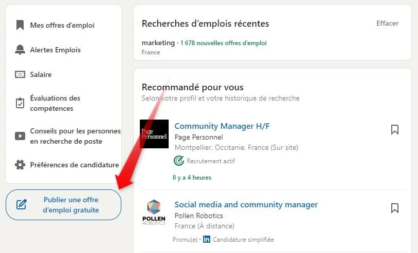 Page d'emploi en ligne, offre gratuite, recherches d'emplois récentes, recommandations.