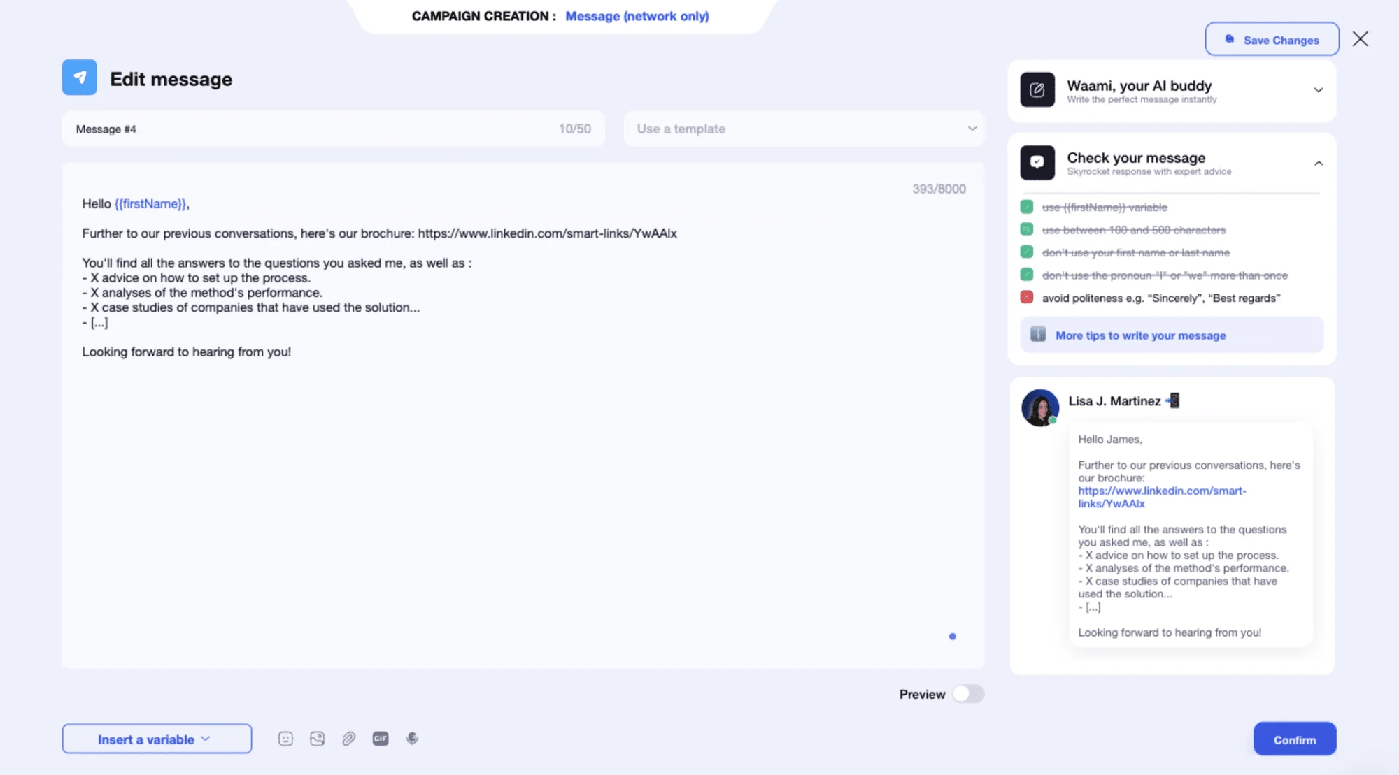 Exemplo de ligações inteligentes numa mensagem do LinkedIn com o Waalaxy.
