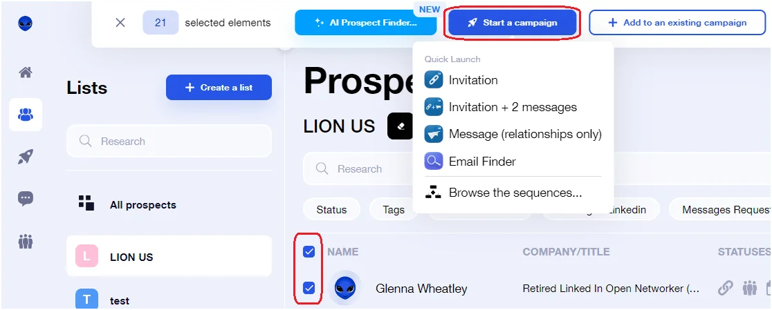 Waalaxy Prospect Finder création campagne