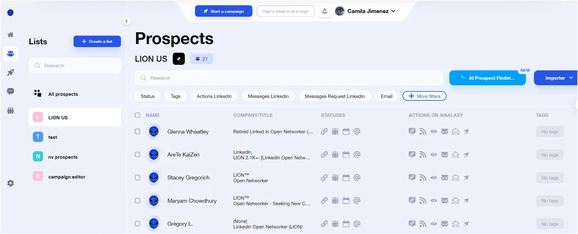 Interface prospection prospects Waalaxy