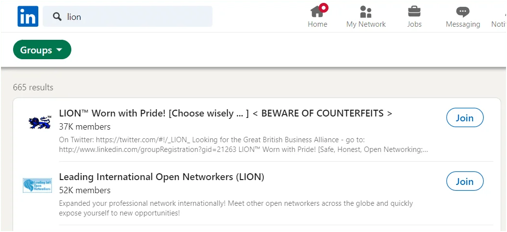 LinkedIn search results Lion groups