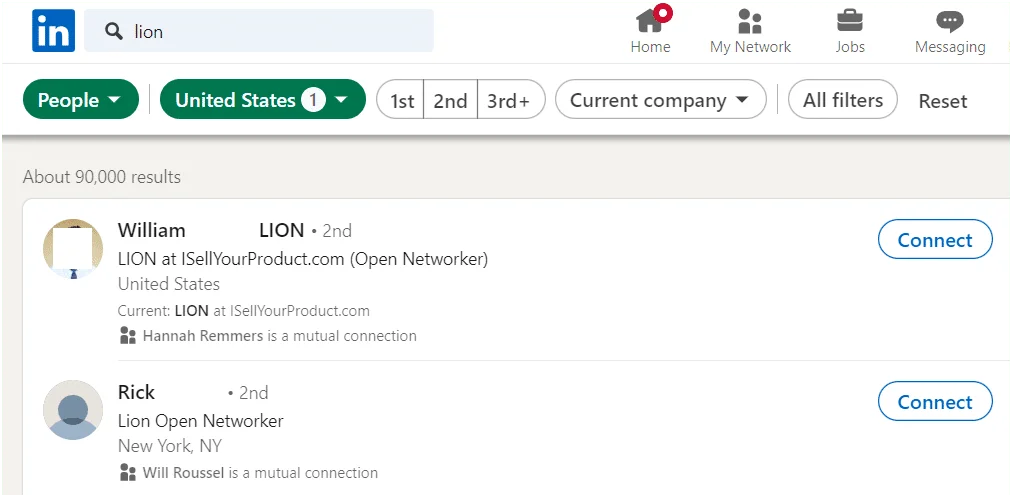 LinkedIn search results Lion keyword