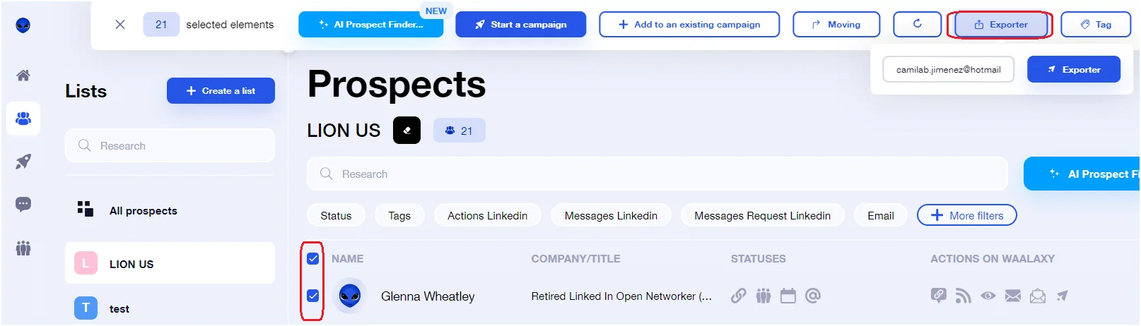 Interface prospection prospects Waalaxy