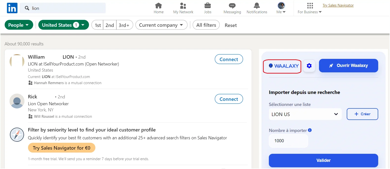 Recherche prospect lion LinkedIn Waalaxy