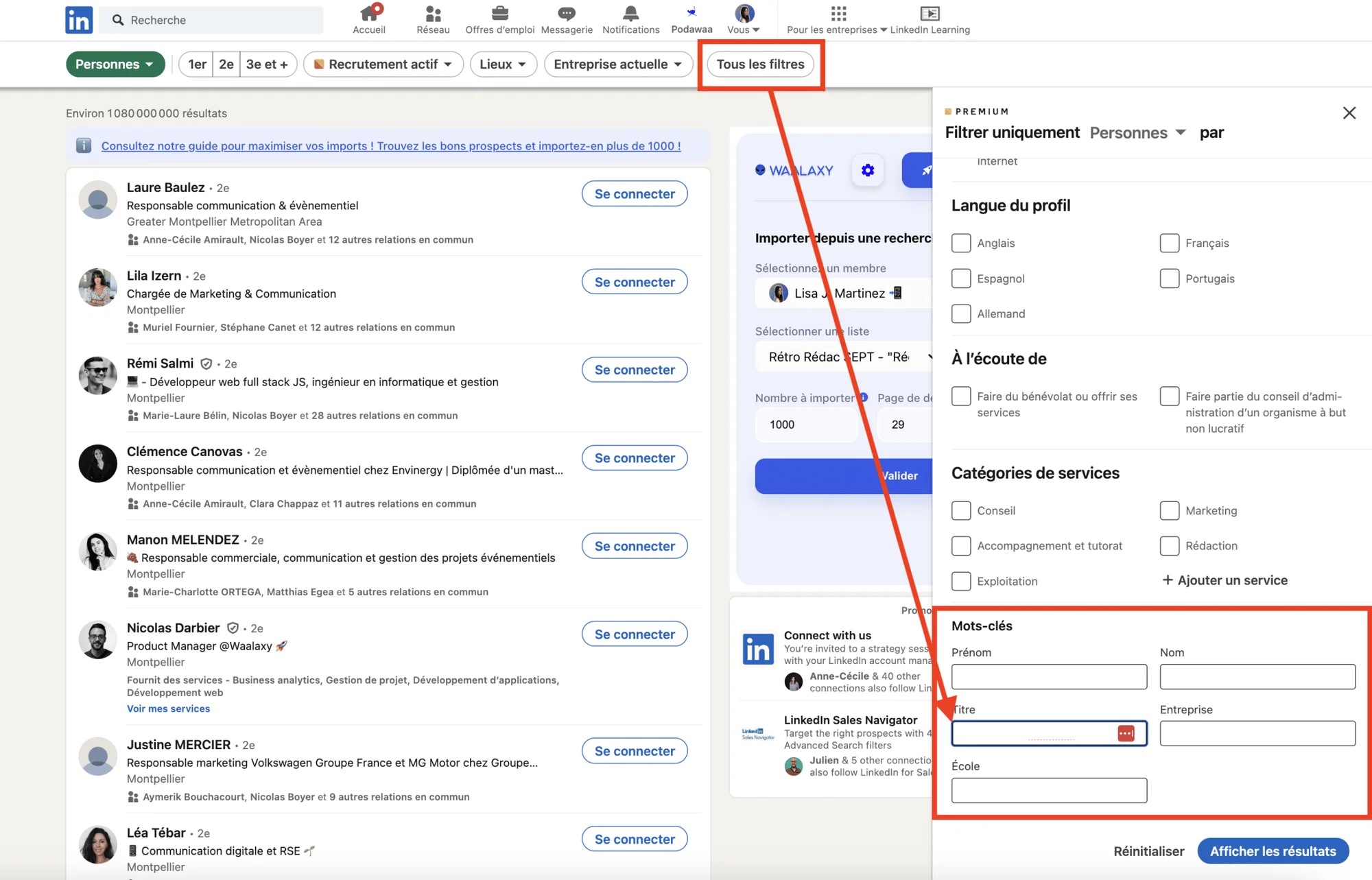 Page LinkedIn avec filtre de recherche d'emploi en français, liste de profils professionnels.