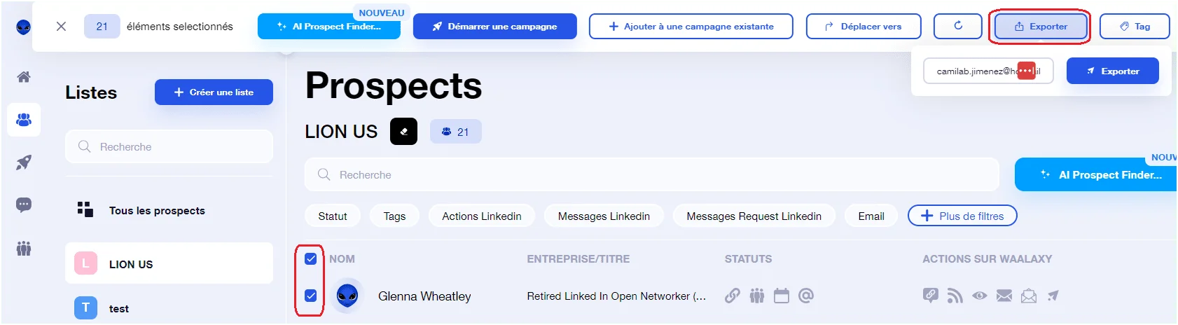 Page web d'un profil LinkedIn, nom "Glenna Wheatley", statut "Entreprise", options d'action sur le côté gauche.
