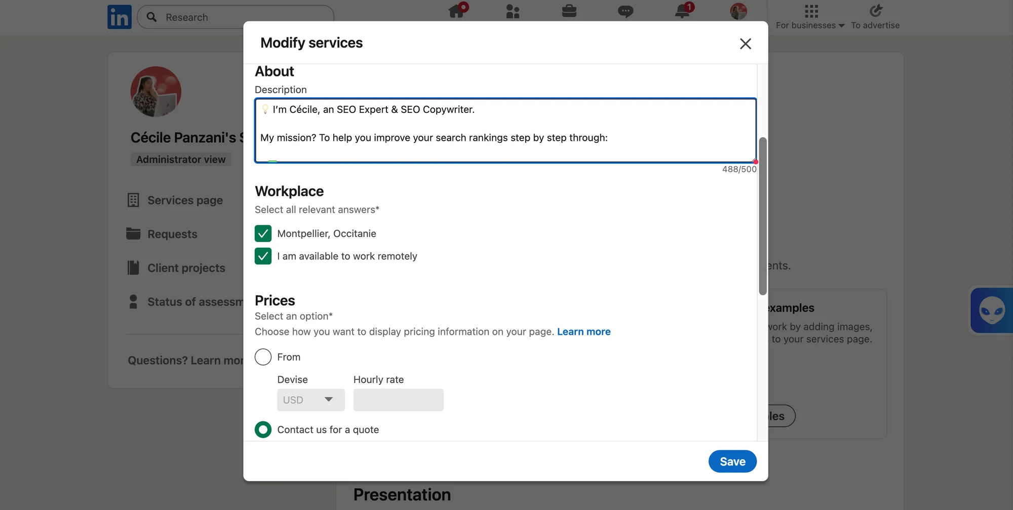 Description, geographic area, and pricing with LinkedIn Marketplace
