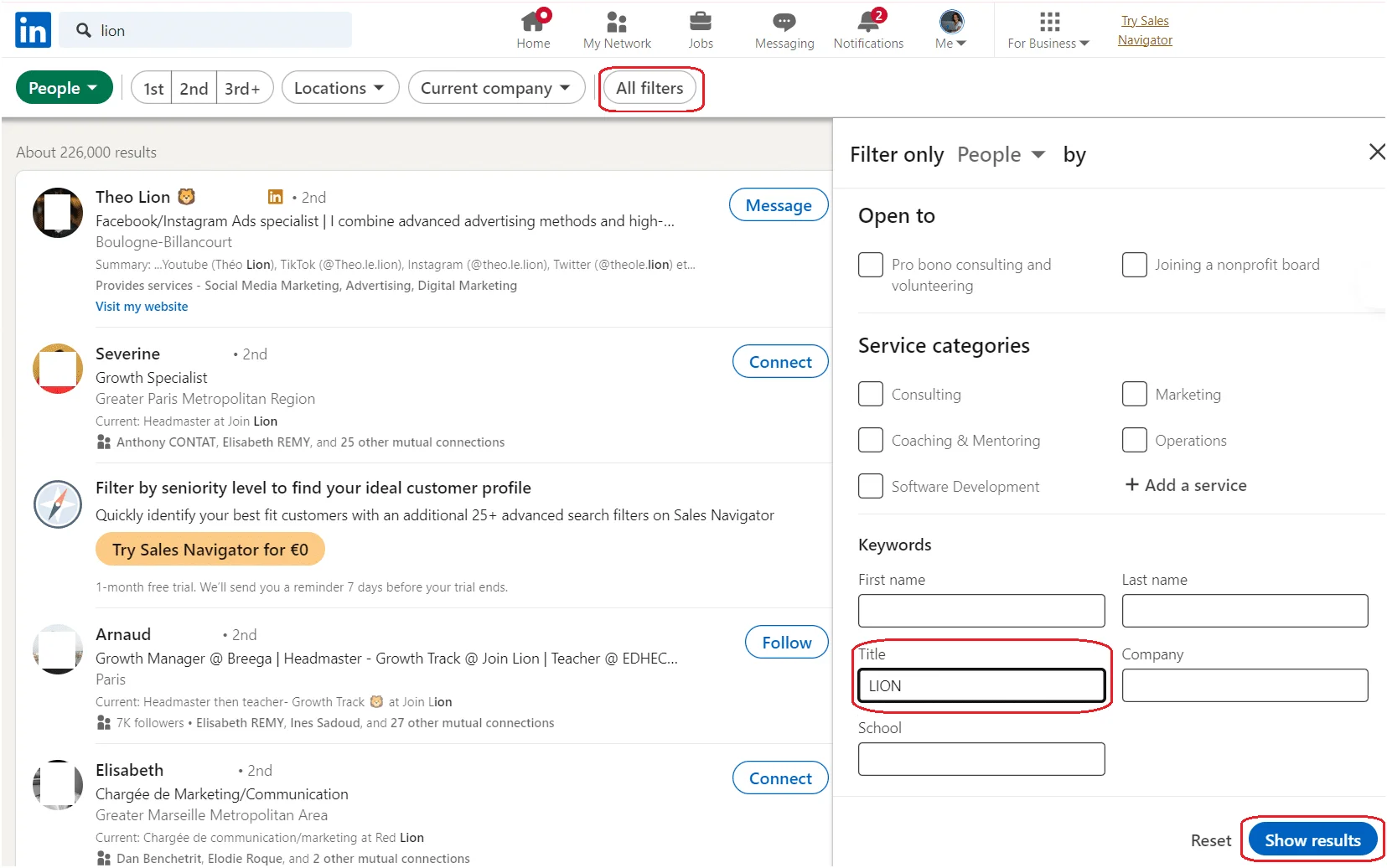 Recherche Lion LinkedIn filtre avancés