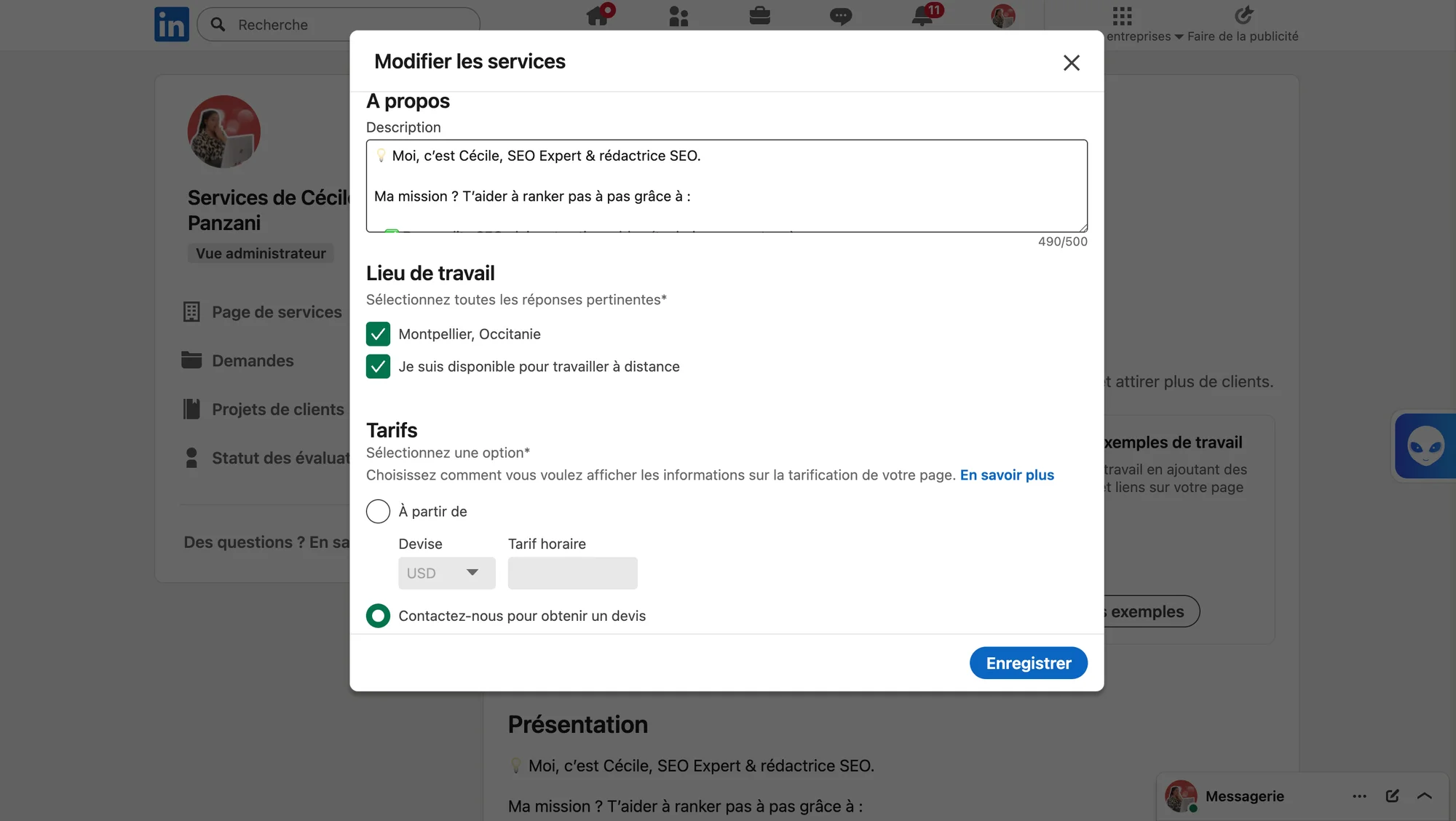 La description, la zone géographique et les tarifs avec LinkedIn Marketplace
