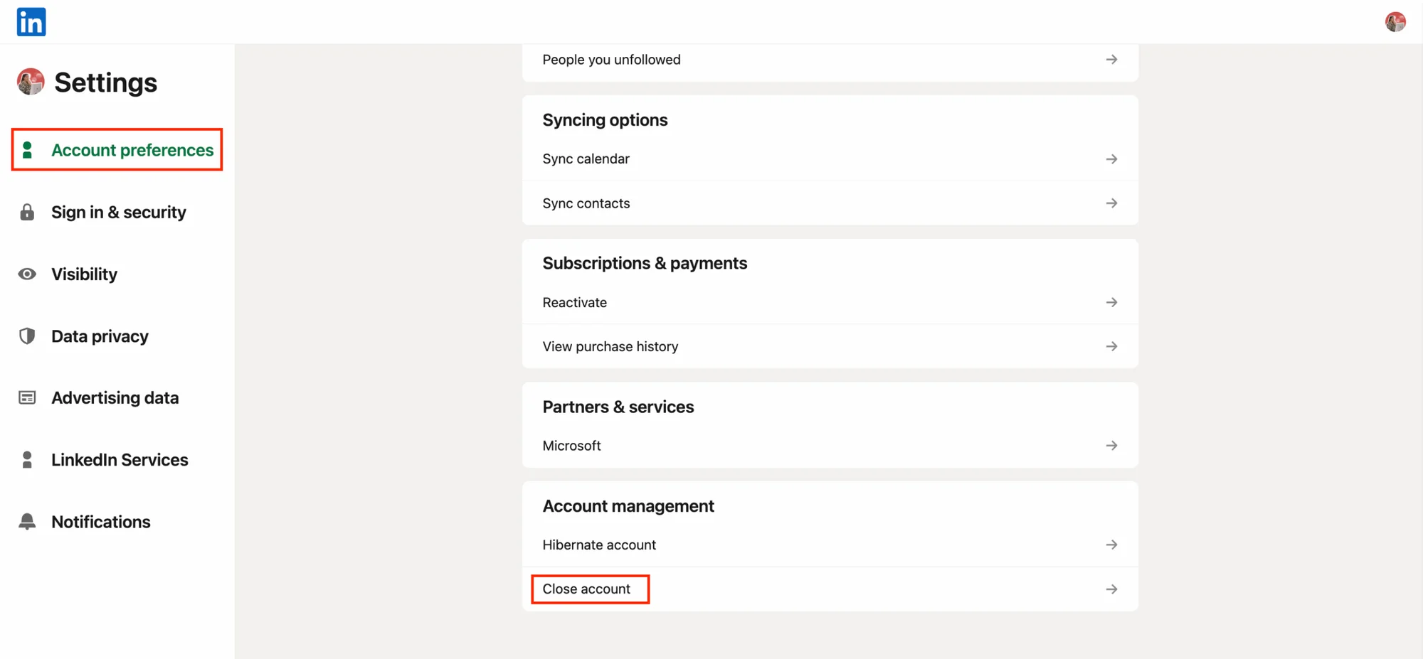 LinkedIn Login close account