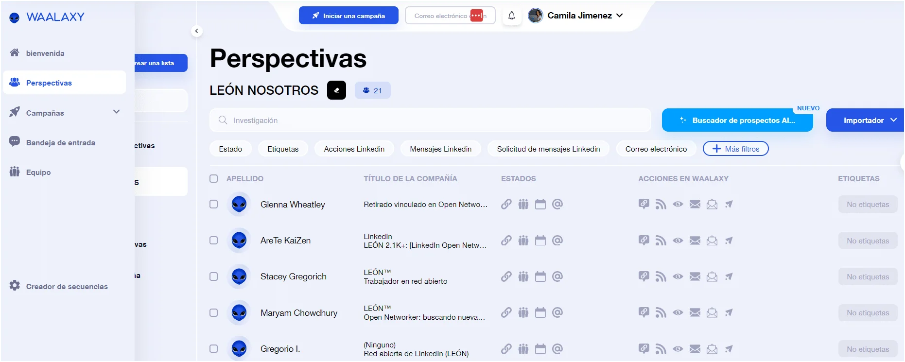 Tabla prospectos León nosotros Waalaxy