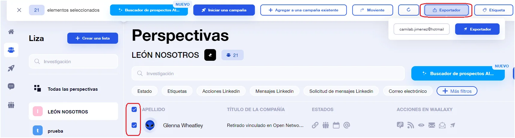 Interfaz prospector Waalaxy perspectivas LinkedIn