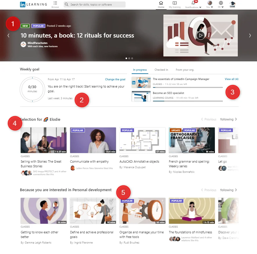 LinkedIn Learning interface cours recommandations