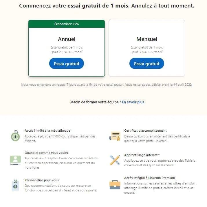 Page web présentant deux options d'abonnement : annuel (25% économisé) et mensuel (99,60 €/mois), avec des avantages liés à l'apprentissage en ligne.
