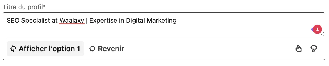 LinkedIn Headline : rédiger avec l'IA (premium), exemple de résultats.