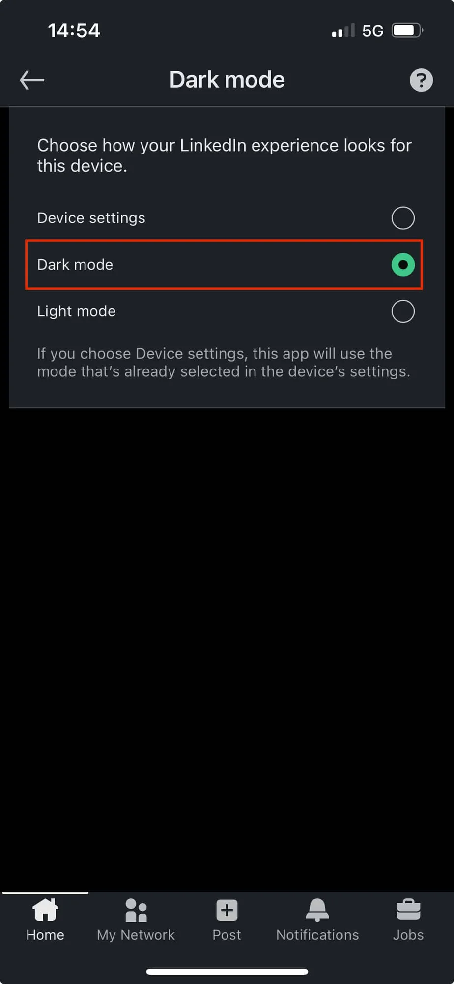 LinkedIn dark mode