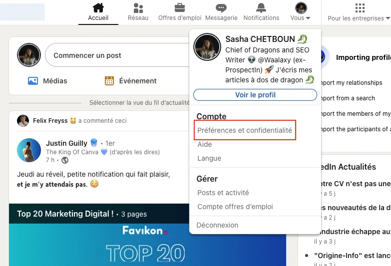 Page web Facebook, profil utilisateur, menu "Compte", lien "Préférences et confidentialité" sélectionné.