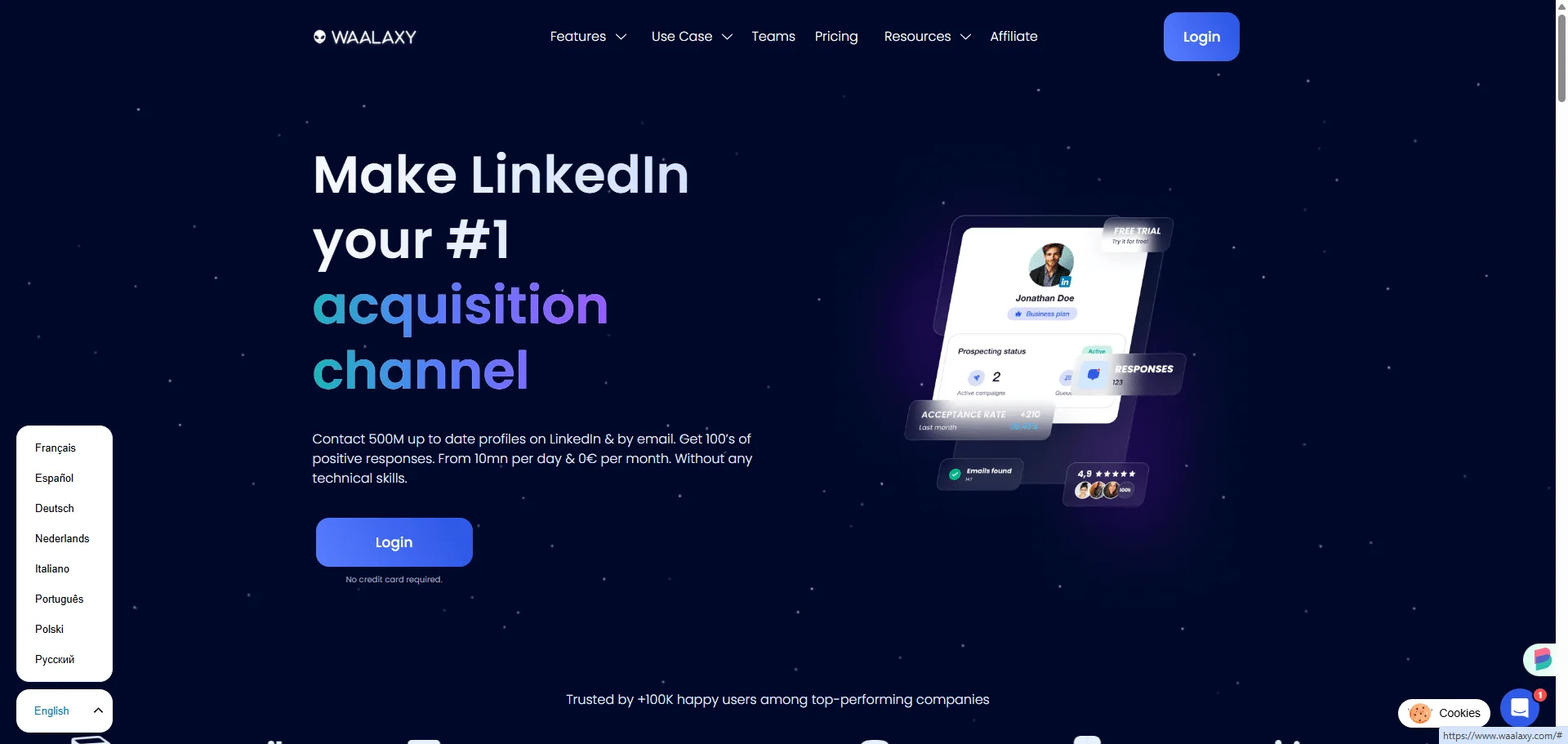Page web de Waalaxy, slogan "Make LinkedIn your #1 acquisition channel", bouton "Login" en bleu, interface utilisateur moderne.