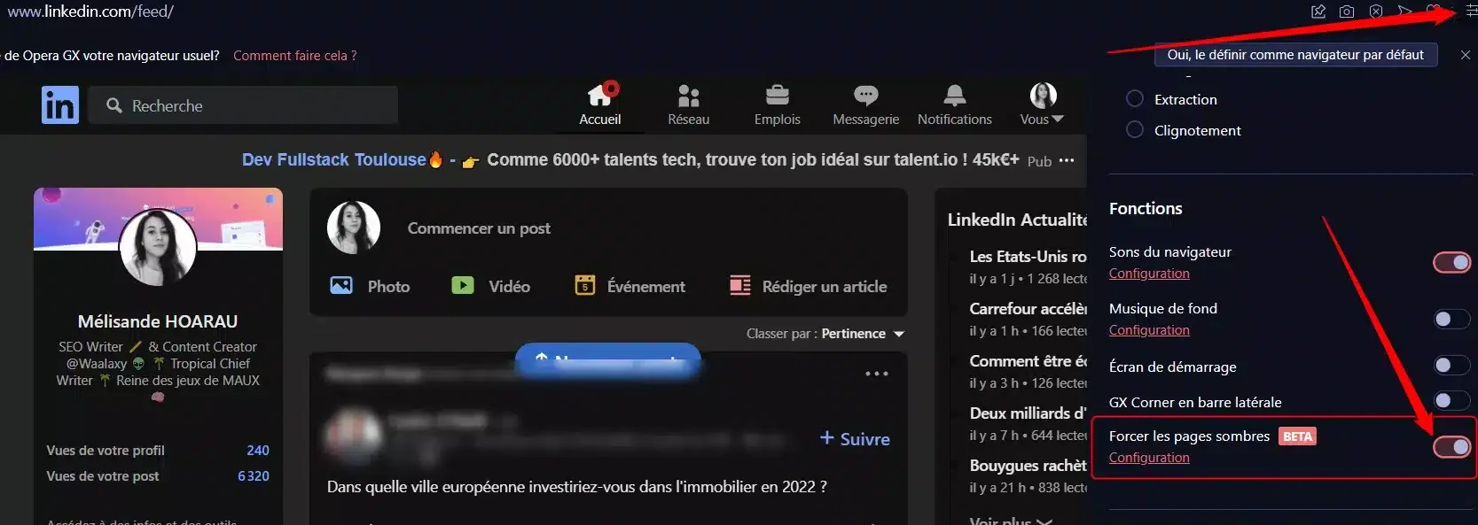 LinkedIn interface menu paramètres navigateur