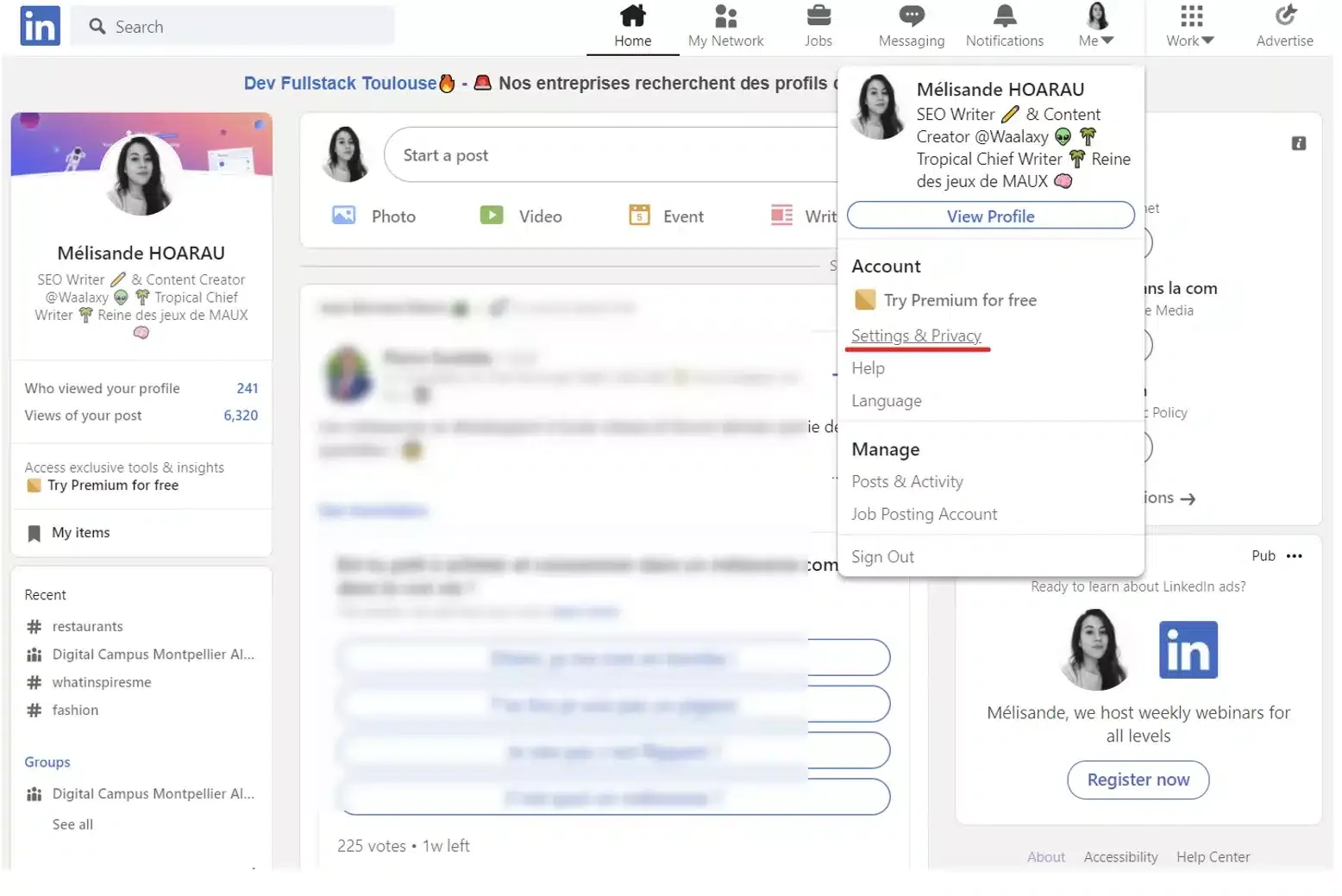 Interface LinkedIn menu profil Waalaxy