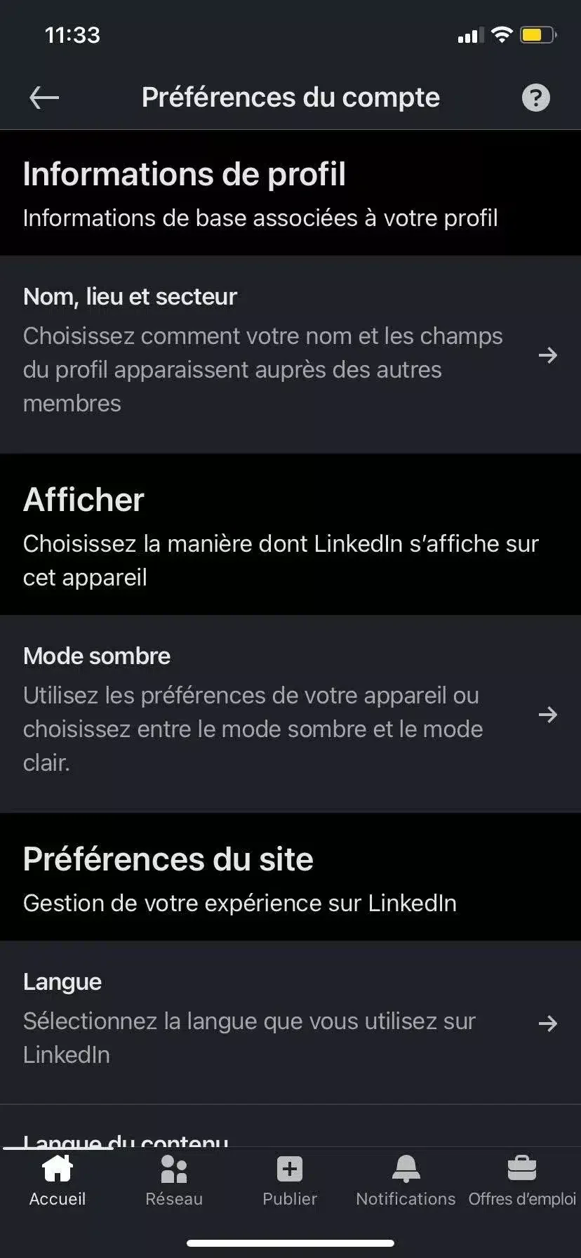Préférences compte LinkedIn mobile