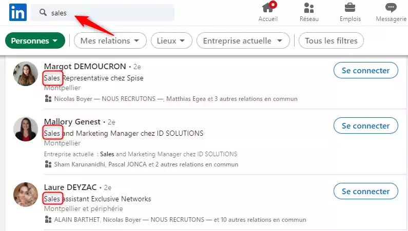 Résultats recherche sales LinkedIn