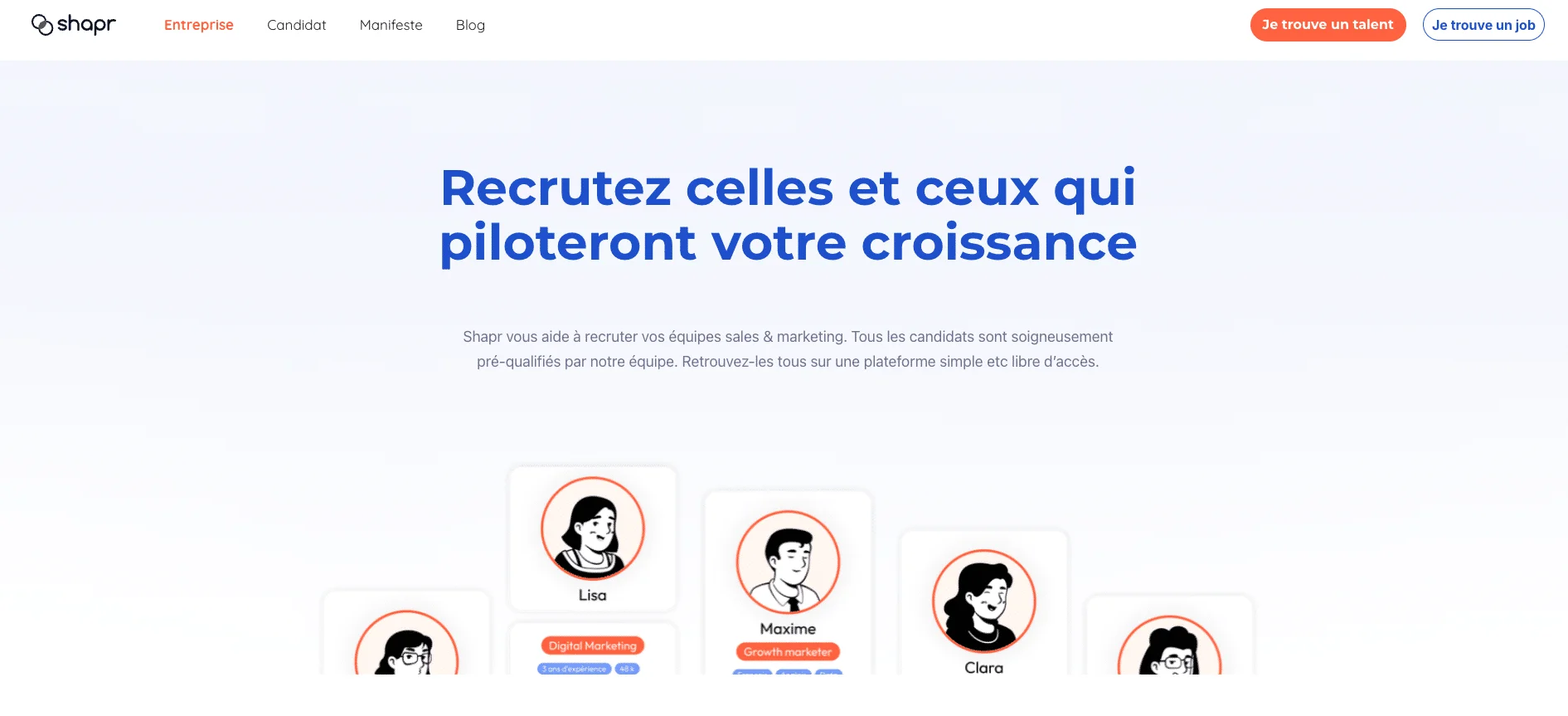 Page web Shapr, titre: "Recrutez celles et ceux qui piloteront votre croissance", visuels: profils d'utilisateurs, navigation en haut.